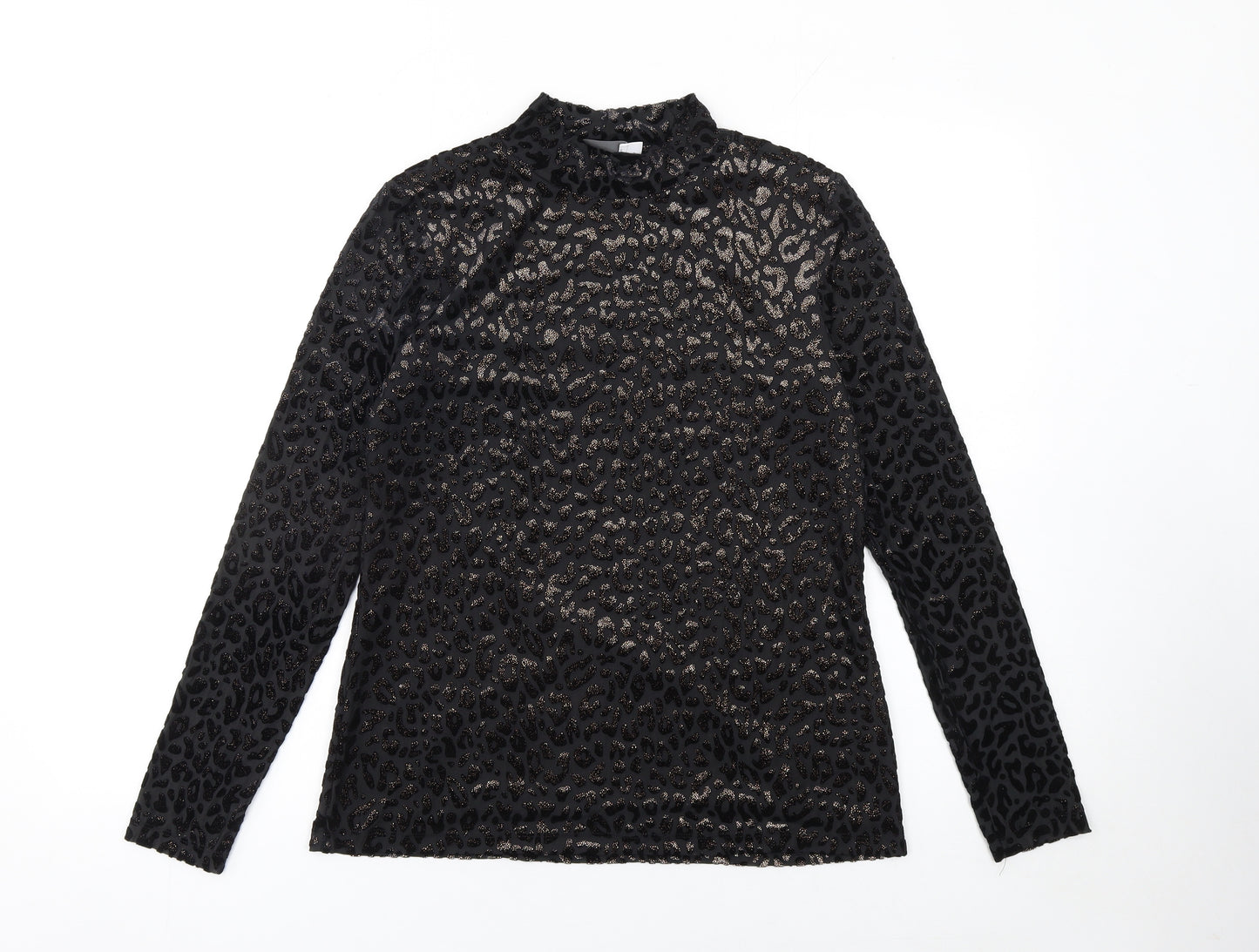 Mint Velvet Women's Black Animal Print Velvet Sheer Long Sleeve Blouse M