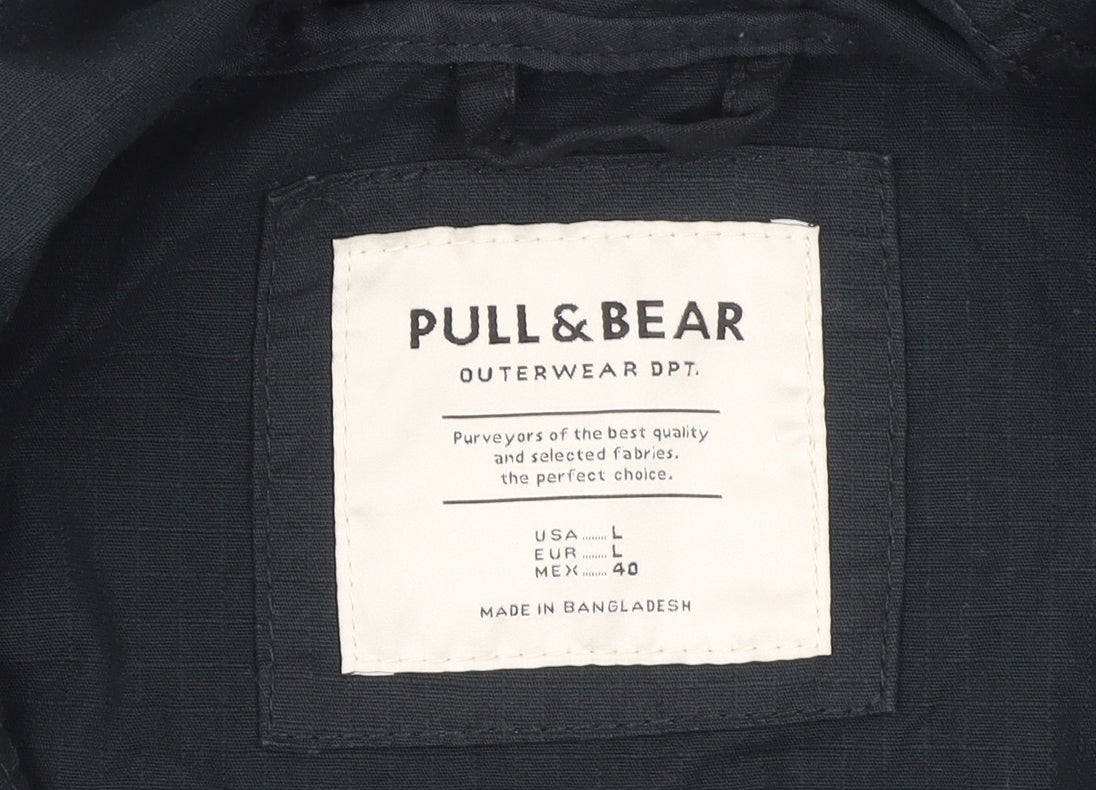 Pull & Bear Men's Blue Hooded Cotton Windbreaker Jacket L