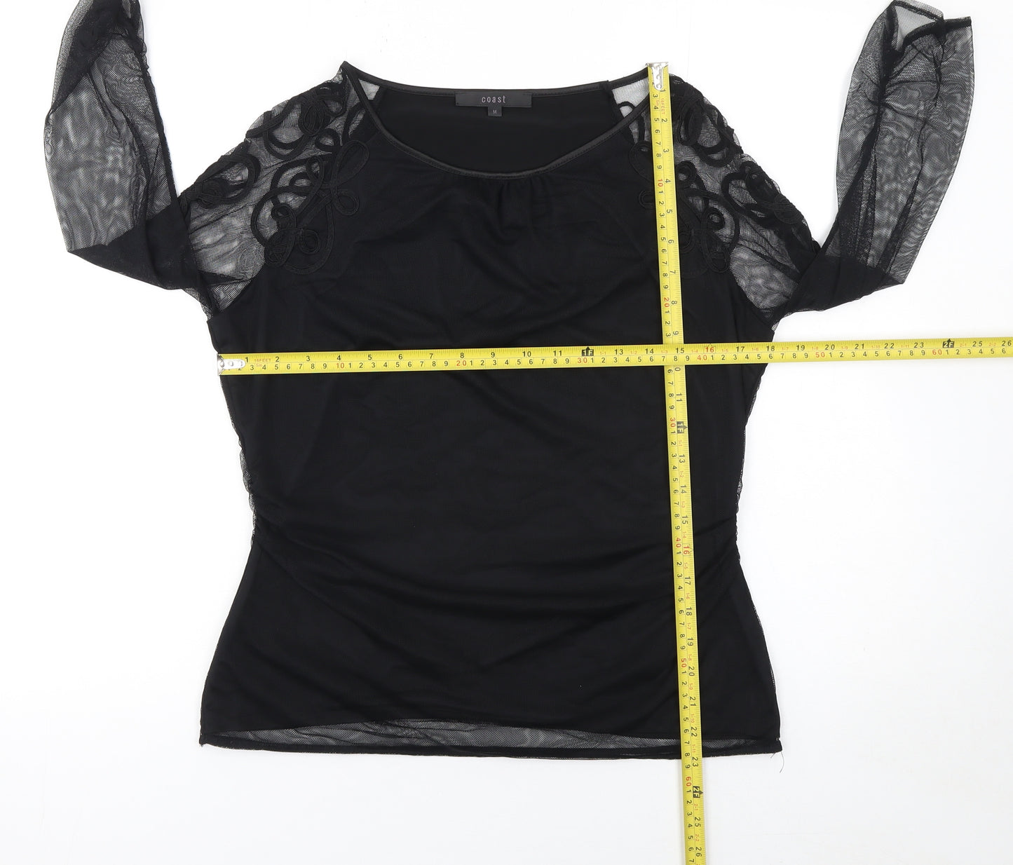 Coast Women's Black Mesh Embroidered Tunic Blouse Size M