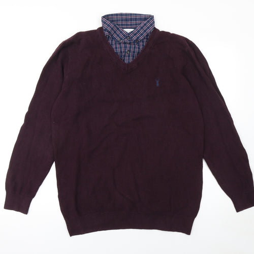 Next Men's Burgundy V-Neck Cotton Jumper L Classic Fit