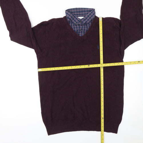 Next Men's Burgundy V-Neck Cotton Jumper L Classic Fit