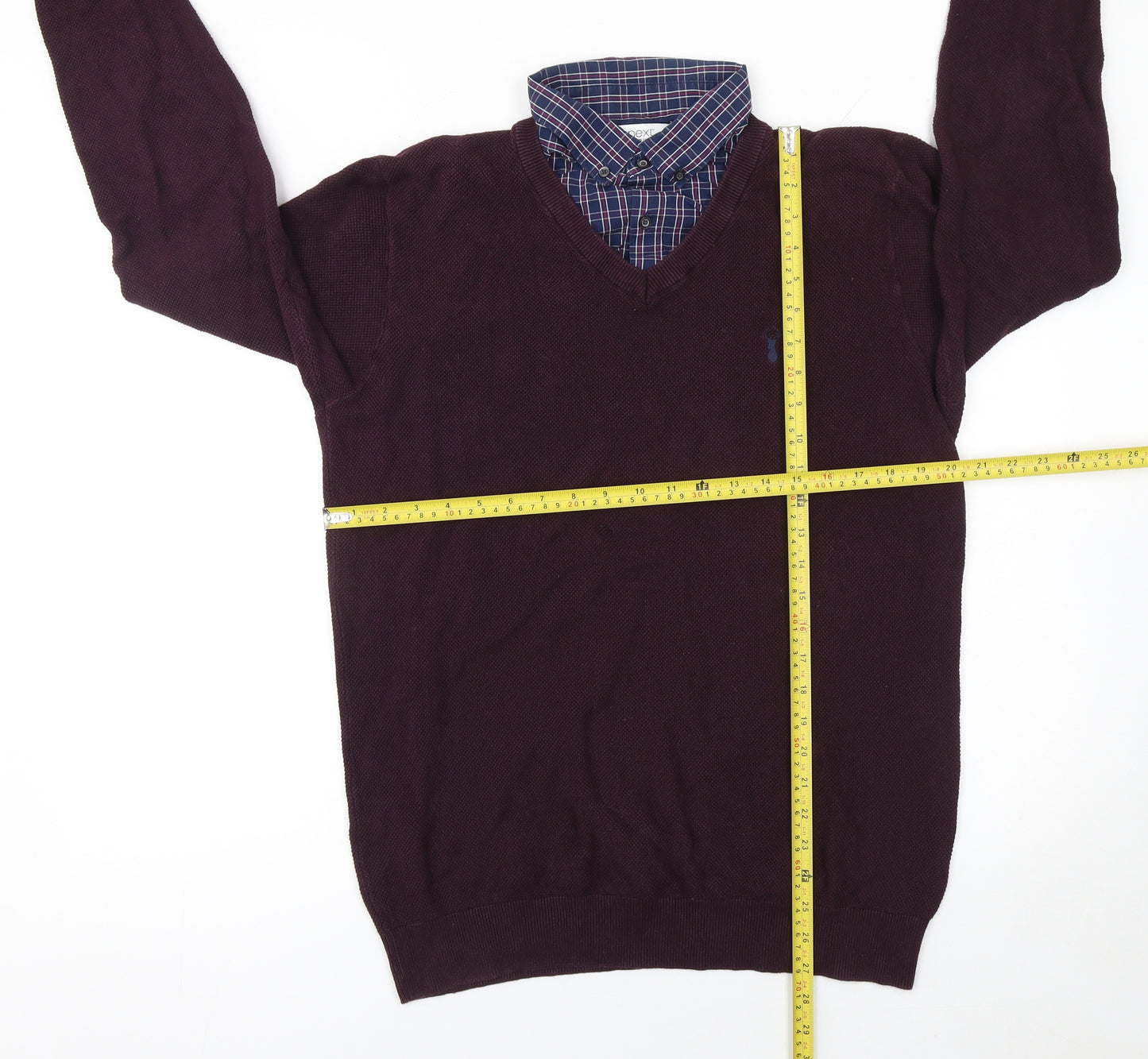 Next Men's Burgundy V-Neck Cotton Jumper L Classic Fit