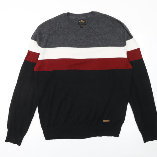 Bench Men's L Black Grey Red Striped Cotton Blend Crew Neck Jumper