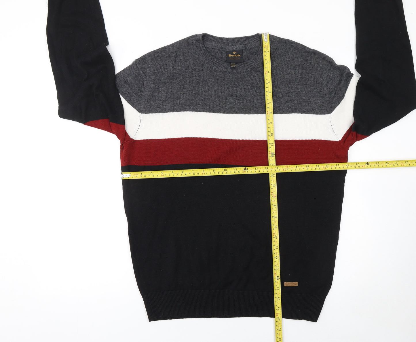 Bench Men's L Black Grey Red Striped Cotton Blend Crew Neck Jumper