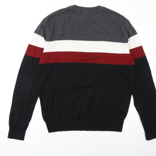 Bench Men's L Black Grey Red Striped Cotton Blend Crew Neck Jumper