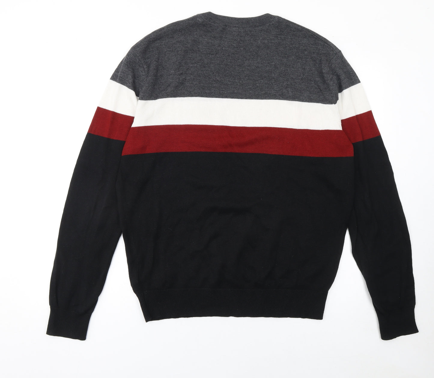 Bench Men's L Black Grey Red Striped Cotton Blend Crew Neck Jumper