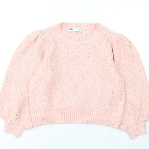 Zara Women Pink Puff Sleeve Metallic Knit Pullover Jumper Size M