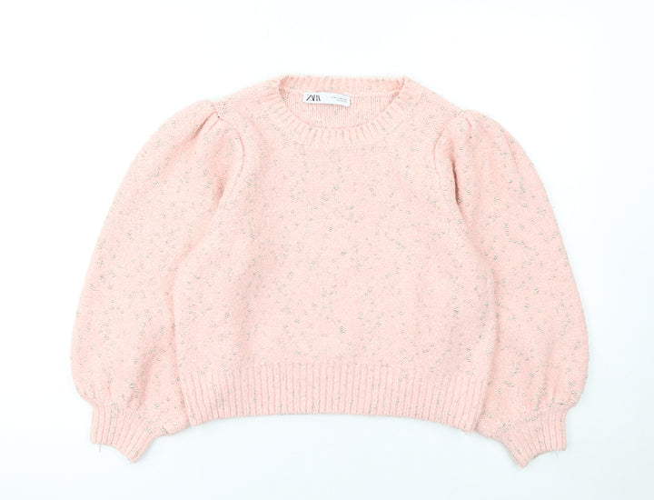Zara Women Pink Puff Sleeve Metallic Knit Pullover Jumper Size M
