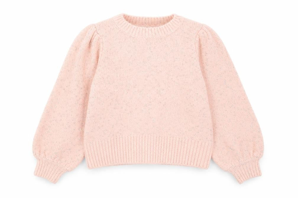 Front view of Zara Women Pink Puff Sleeve Metallic Knit jumper, size M