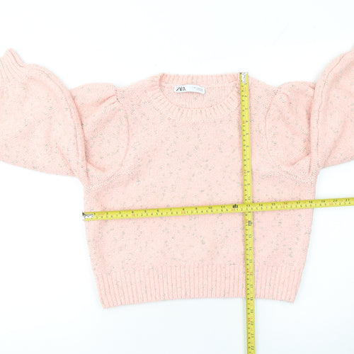 Zara Women Pink Puff Sleeve Metallic Knit Pullover Jumper Size M