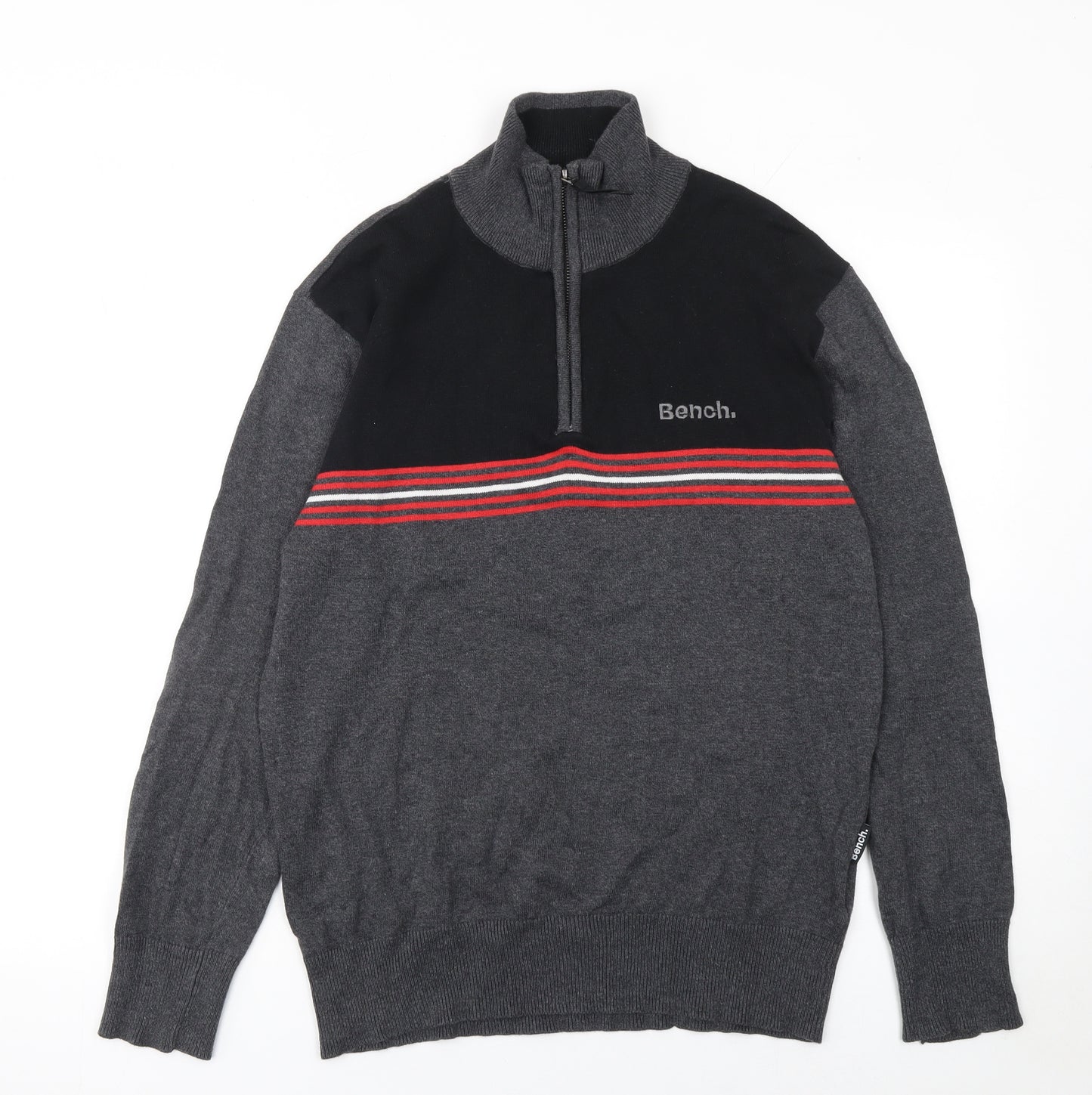 Bench Mens Grey 1/2 Zip Cotton Jumper Size L Striped Knit Classic