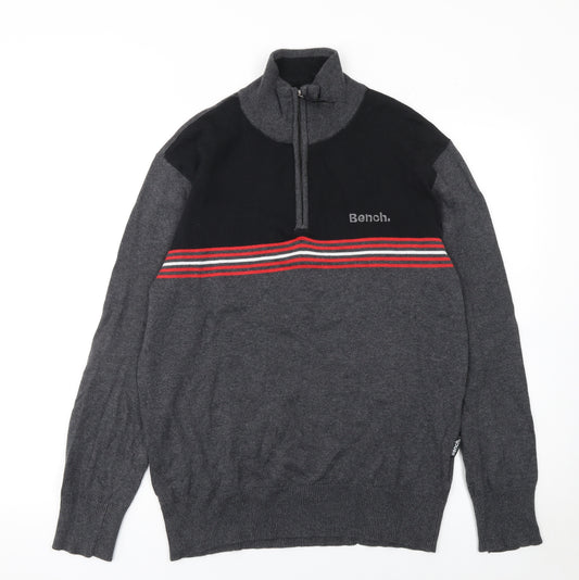 Bench Mens Grey 1/2 Zip Cotton Jumper Size L Striped Knit Classic