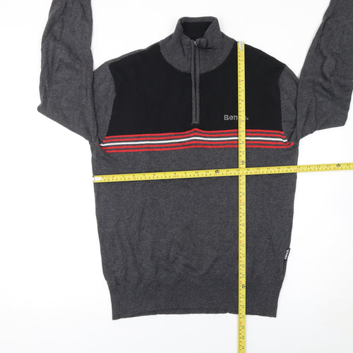 Bench Mens Grey 1/2 Zip Cotton Jumper Size L Striped Knit Classic