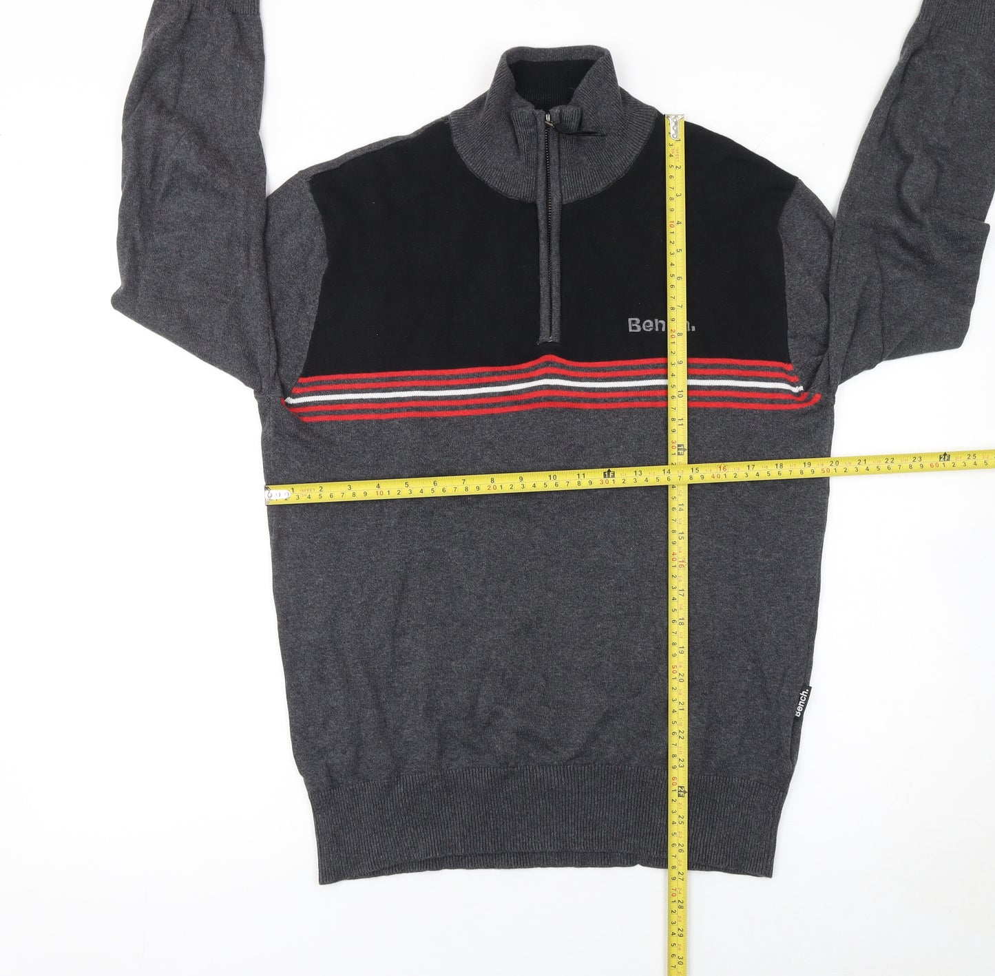 Bench Mens Grey 1/2 Zip Cotton Jumper Size L Striped Knit Classic