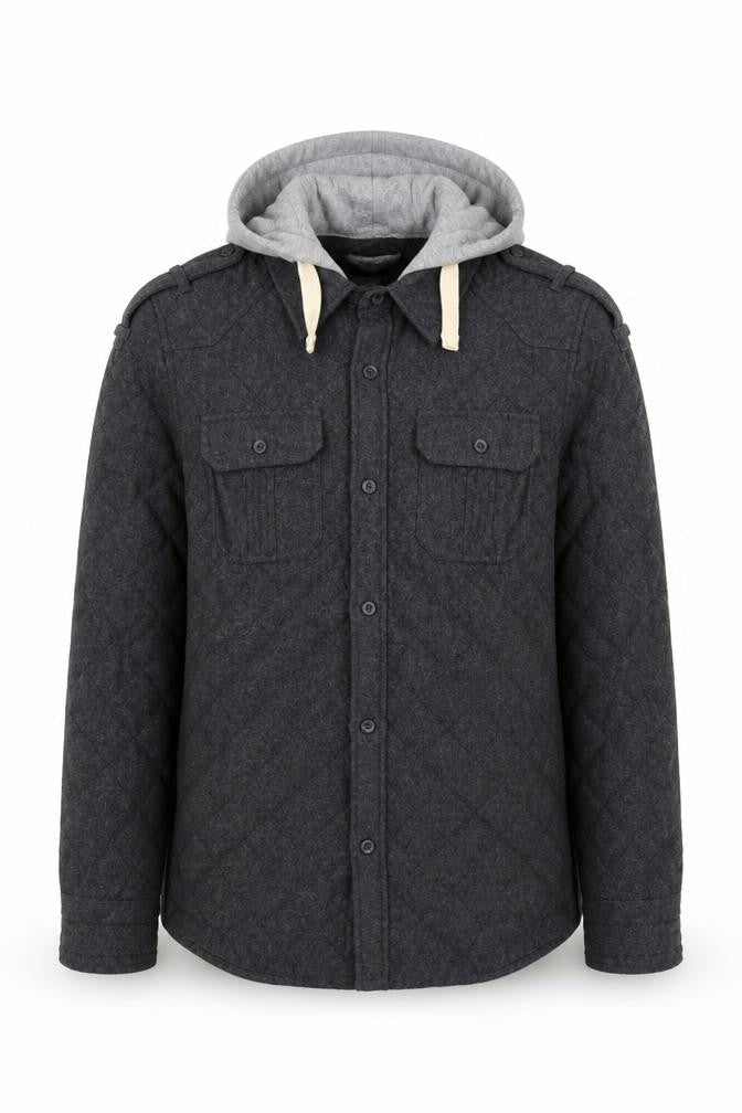 Front view of Denim 73 Men's Grey Quilted Hooded Wool Blend Jacket, size S