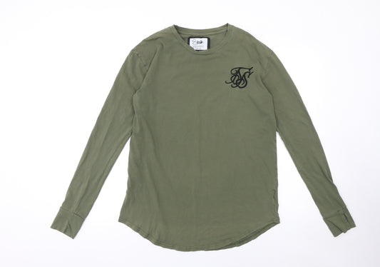 SikSilk Men's Green Long Sleeve Crew Neck Cotton T-Shirt Size S