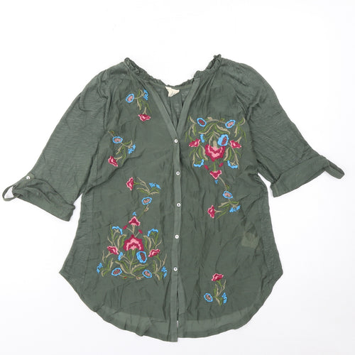Tiny Women's Green Embroidered Bohemian Button 3/4 Sleeve Blouse XS