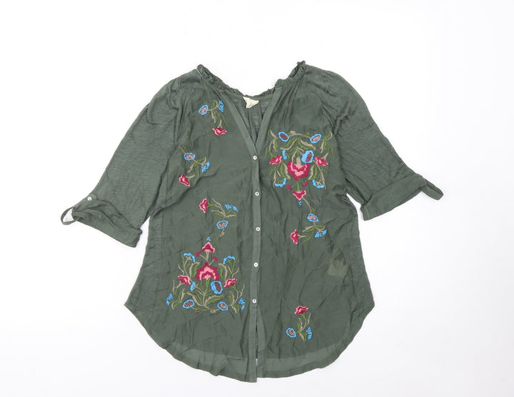 Tiny Women's Green Embroidered Bohemian Button 3/4 Sleeve Blouse XS