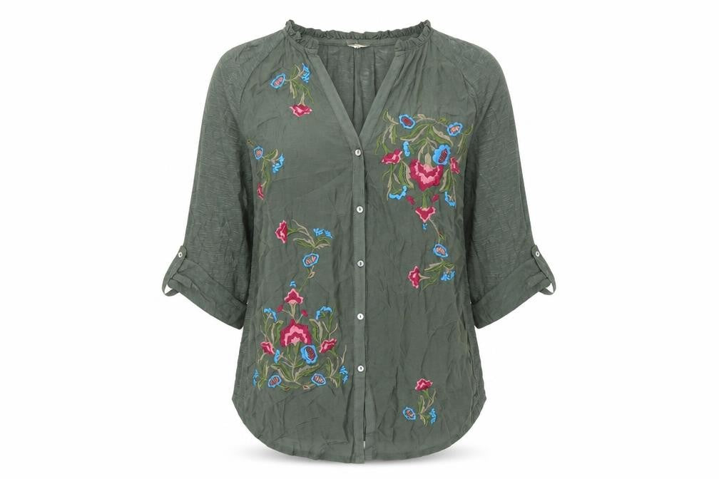 Front view of Tiny Women's Green Embroidered Bohemian Button 3/4 Sleeve Blouse XS