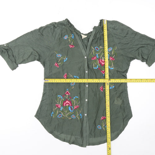 Tiny Women's Green Embroidered Bohemian Button 3/4 Sleeve Blouse XS
