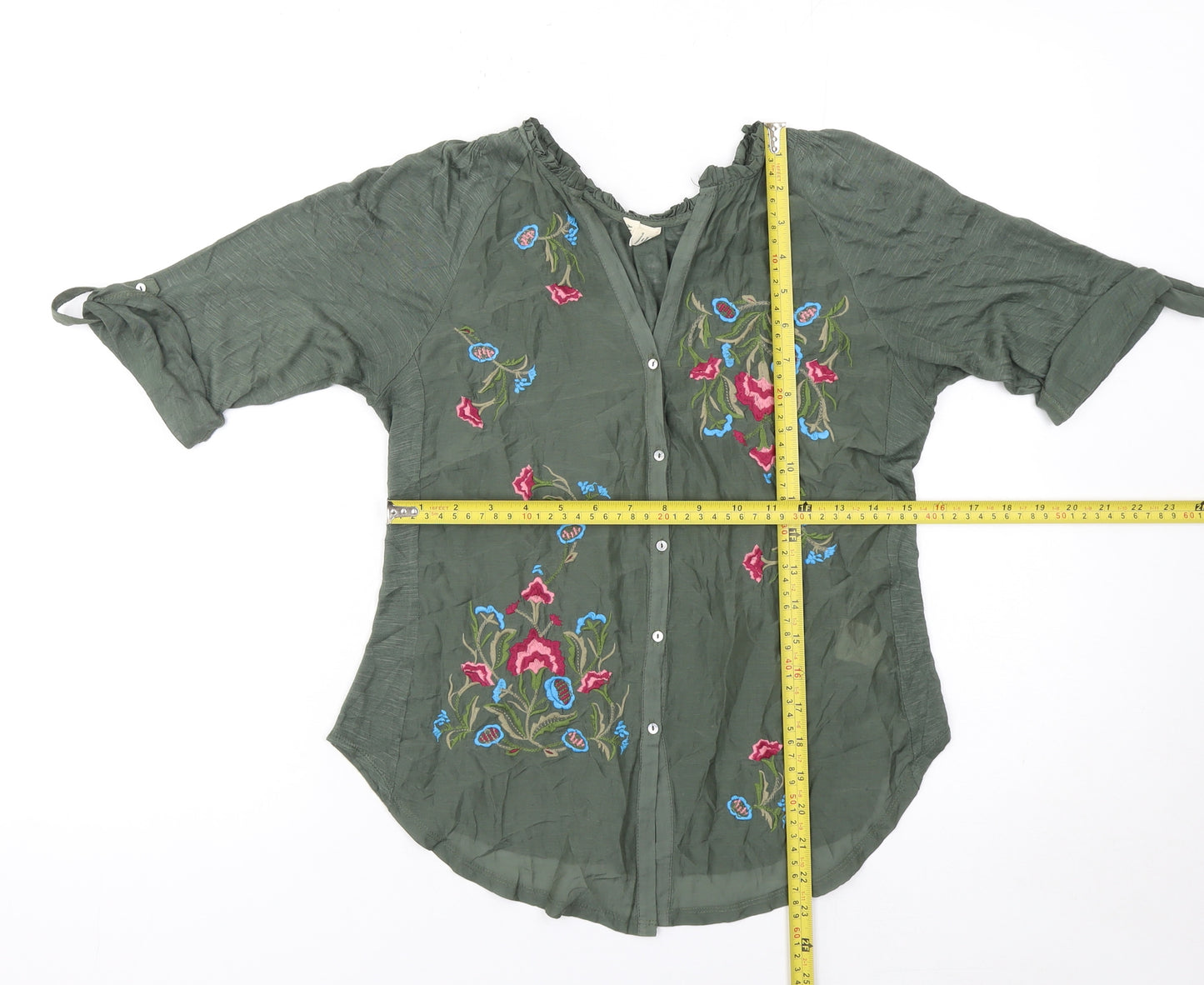 Tiny Women's Green Embroidered Bohemian Button 3/4 Sleeve Blouse XS