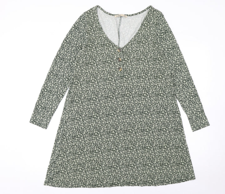 Pull&Bear Women's Green Floral A-Line Viscose Dress Size 12
