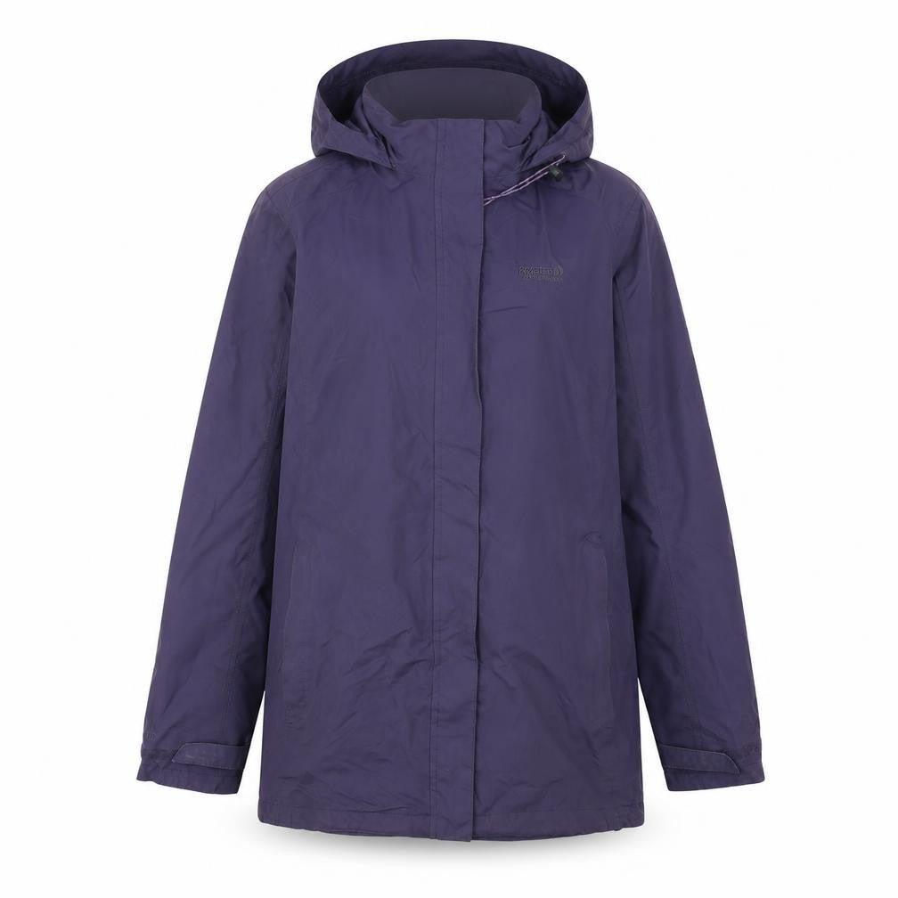 Front view of Regatta women’s purple waterproof hooded rain coat, size UK 10