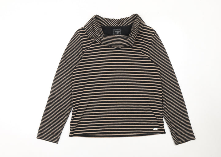 TIGI Women Beige Black Striped Cowl Neck Long Sleeve Pullover Jumper Size 10