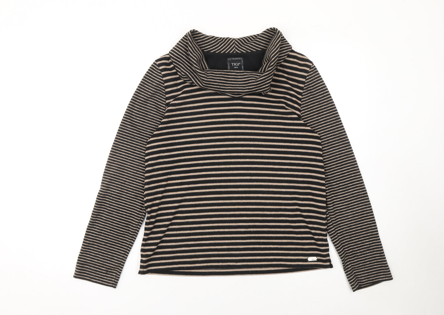 TIGI Women Beige Black Striped Cowl Neck Long Sleeve Pullover Jumper Size 10