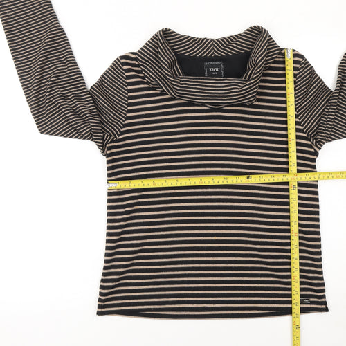 TIGI Women Beige Black Striped Cowl Neck Long Sleeve Pullover Jumper Size 10