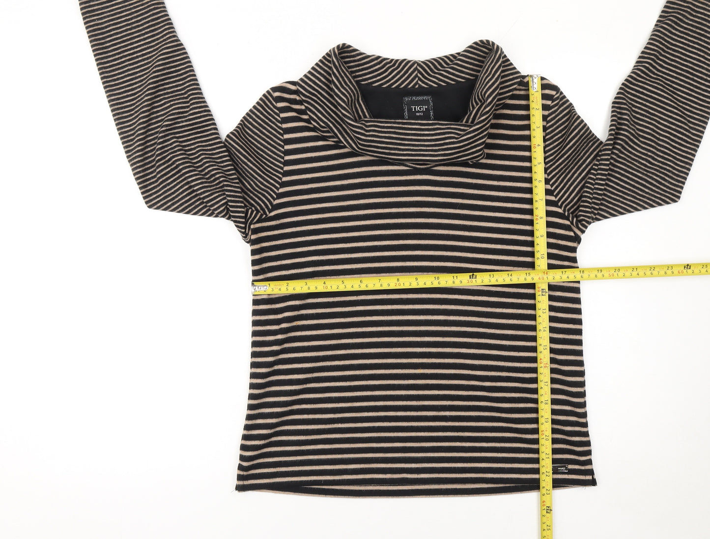TIGI Women Beige Black Striped Cowl Neck Long Sleeve Pullover Jumper Size 10
