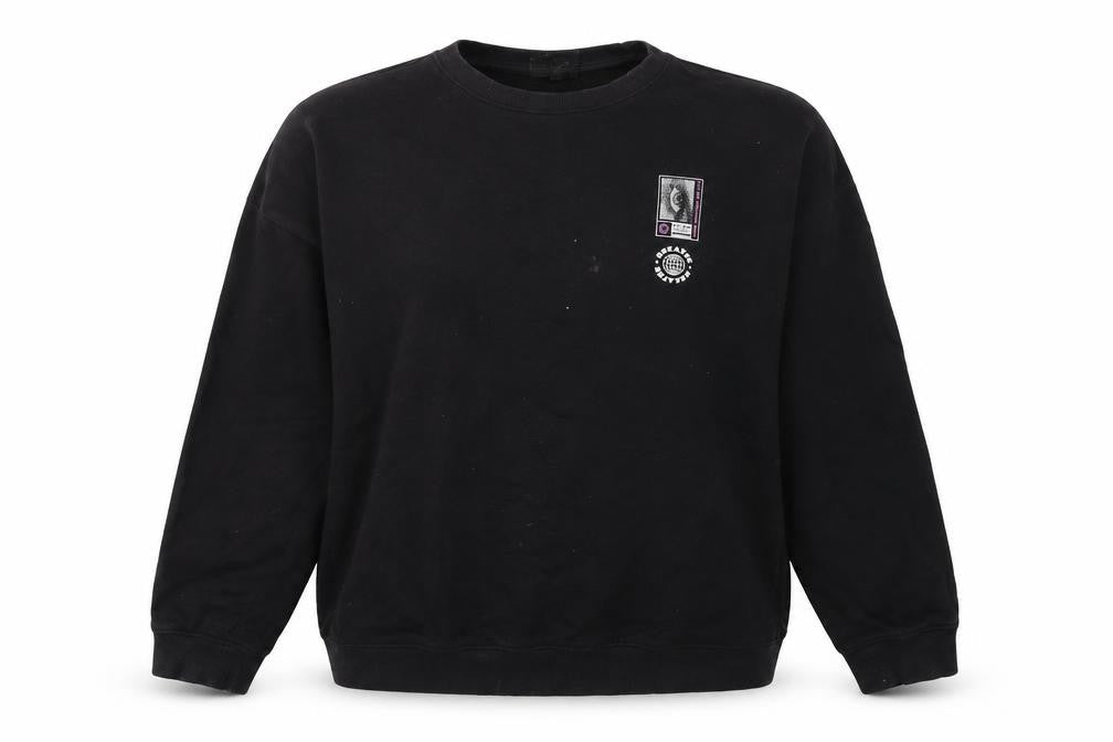 Front view of H&M Women’s Black Oversized Crew Neck Graphic Sweatshirt, size L