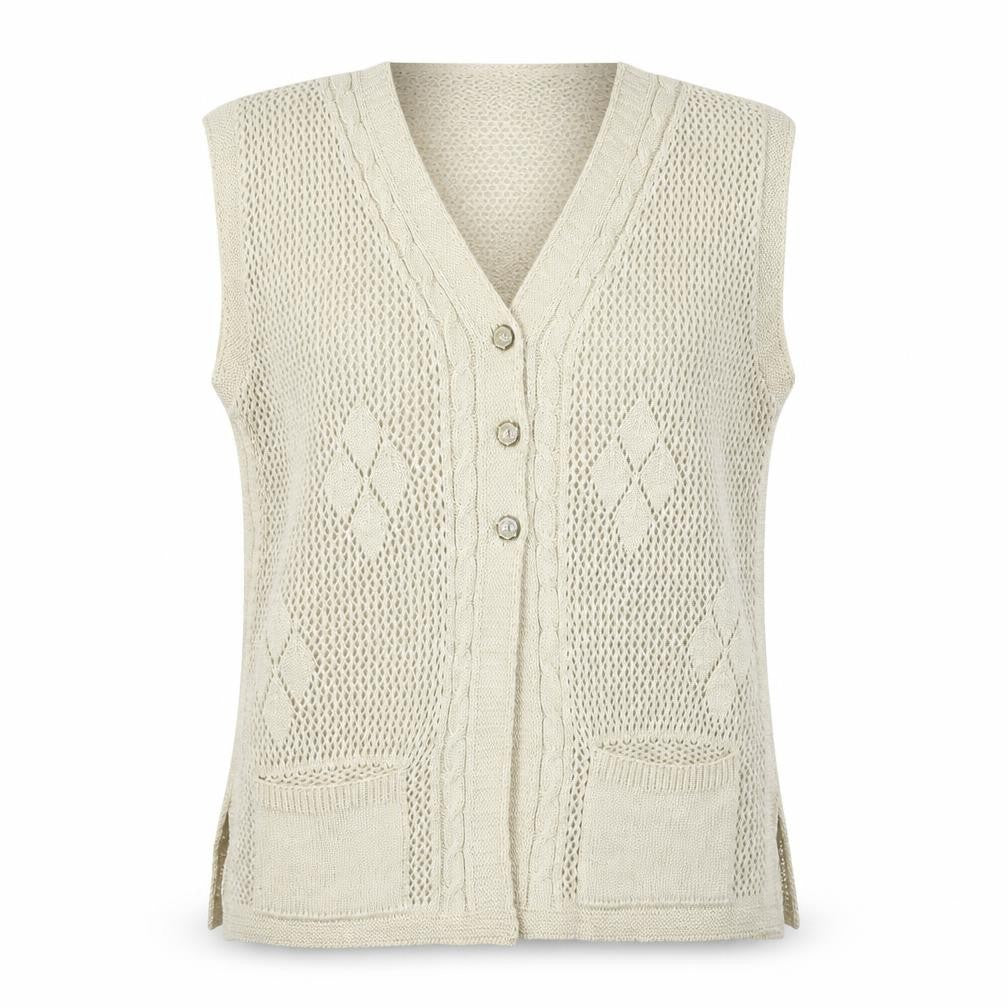 Pulse Women Beige Open-Knit Argyle Sleeveless Cardigan Vest S