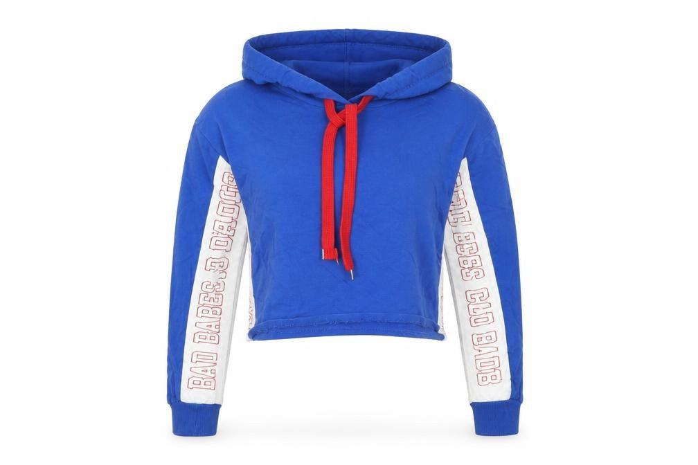 Front view of Select Women's Blue Cropped Pullover Hoodie UK 8 Bad Babes Print