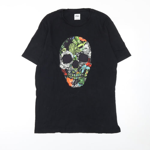 Zara Men’s Black Skull Floral Graphic Crew Neck Cotton T-Shirt M