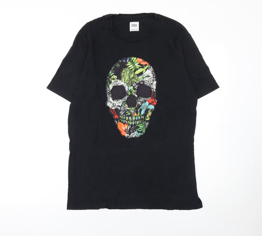 Zara Men’s Black Skull Floral Graphic Crew Neck Cotton T-Shirt M