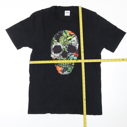 Zara Men’s Black Skull Floral Graphic Crew Neck Cotton T-Shirt M