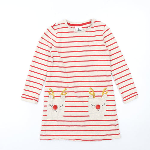 George Girls Beige Red Striped Christmas Reindeer Dress 5-6 Years