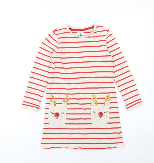 George Girls Beige Red Striped Christmas Reindeer Dress 5-6 Years