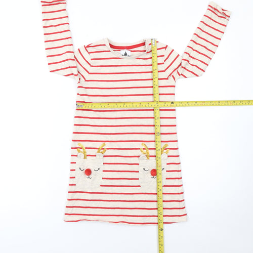 George Girls Beige Red Striped Christmas Reindeer Dress 5-6 Years