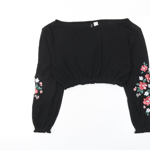 H&M Divided Black Floral Embroidered Cropped Knit Blouse Women’s S