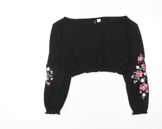 H&M Divided Black Floral Embroidered Cropped Knit Blouse Women’s S
