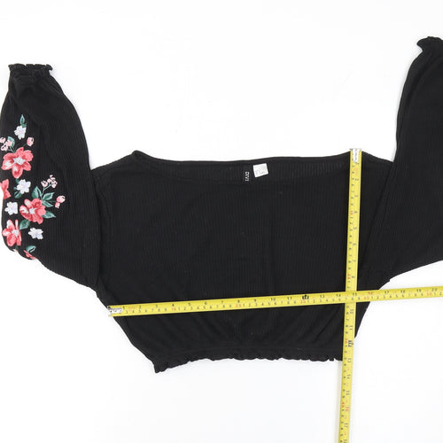 H&M Divided Black Floral Embroidered Cropped Knit Blouse Women’s S