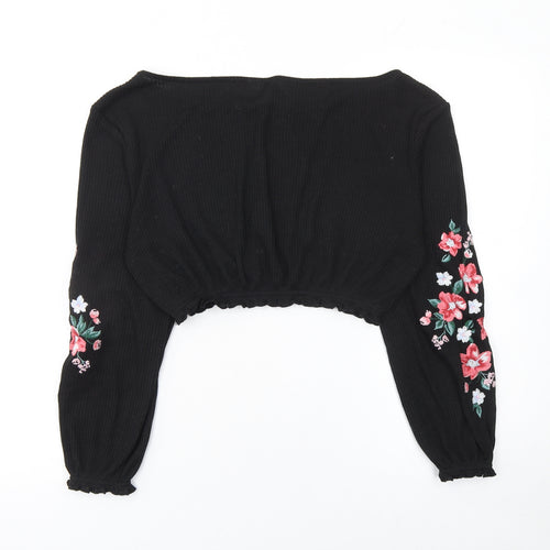 H&M Divided Black Floral Embroidered Cropped Knit Blouse Women’s S