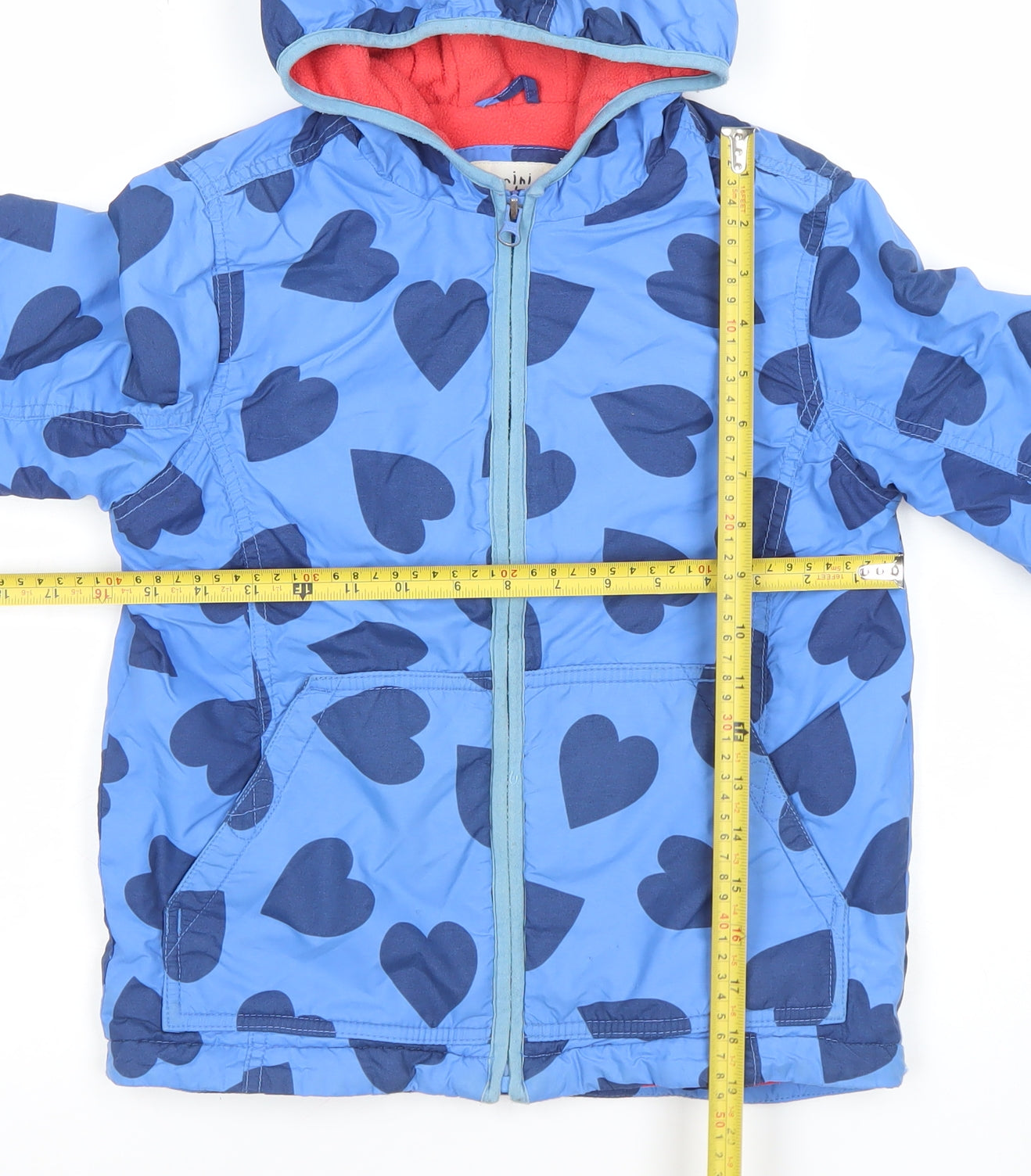 Mini Boden Girls Blue Heart Print Hooded Puffer Jacket 7-8 Years