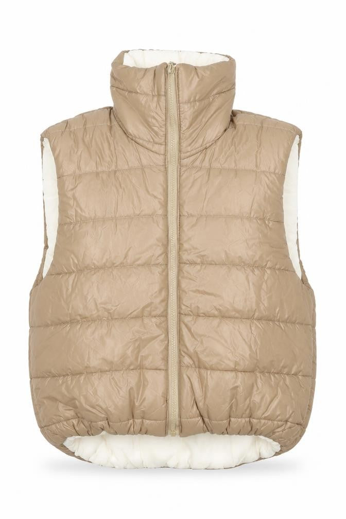 Front view of Asaw It First women’s beige, size UK 10, puffer waistcoat