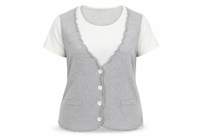 M&Co Women’s Grey Striped Button V-Neck Jersey T-Shirt XL