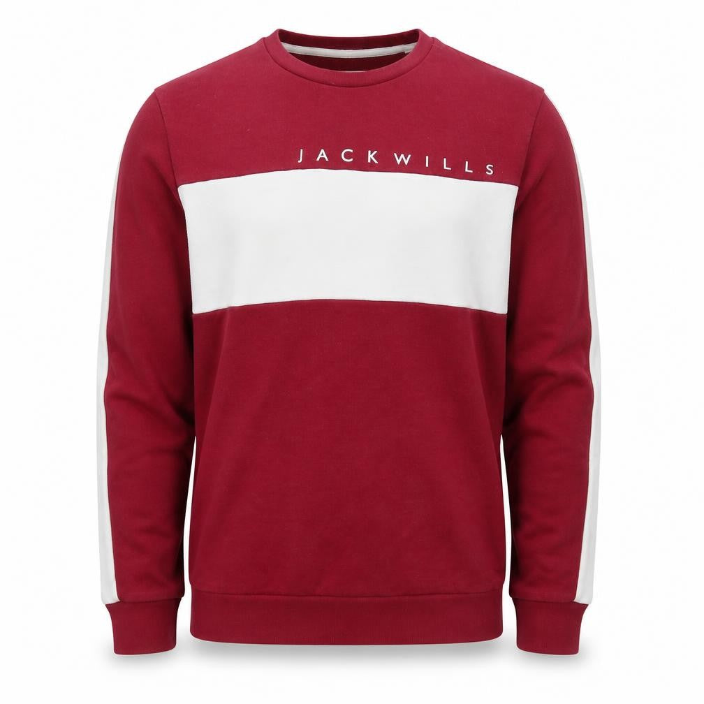 Front view of Jack Wills Men's Red Small Crew Neck Logo Sweatshirt