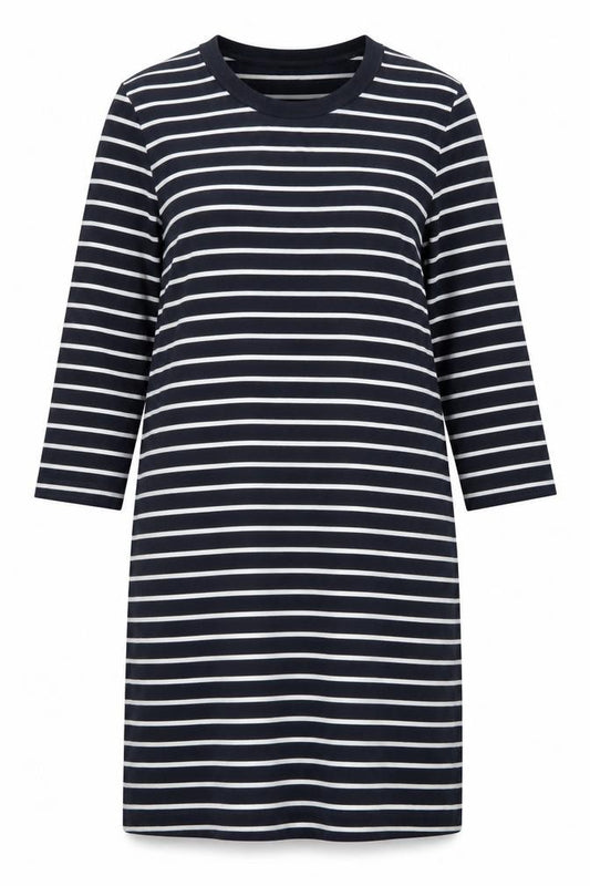 Front view of French Connection Women Blue Stripe T-Shirt Dress, size 12
