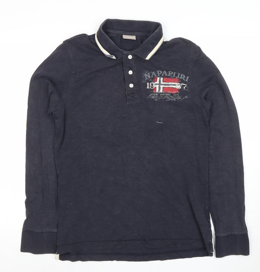Napapijri Men's Blue Long Sleeve Polo Shirt Size S Cotton